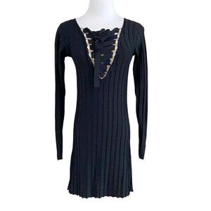 KNITZ FOR LOVE & LEMONS BLACK RIBBED KNIT LACE UP DRESS - XS